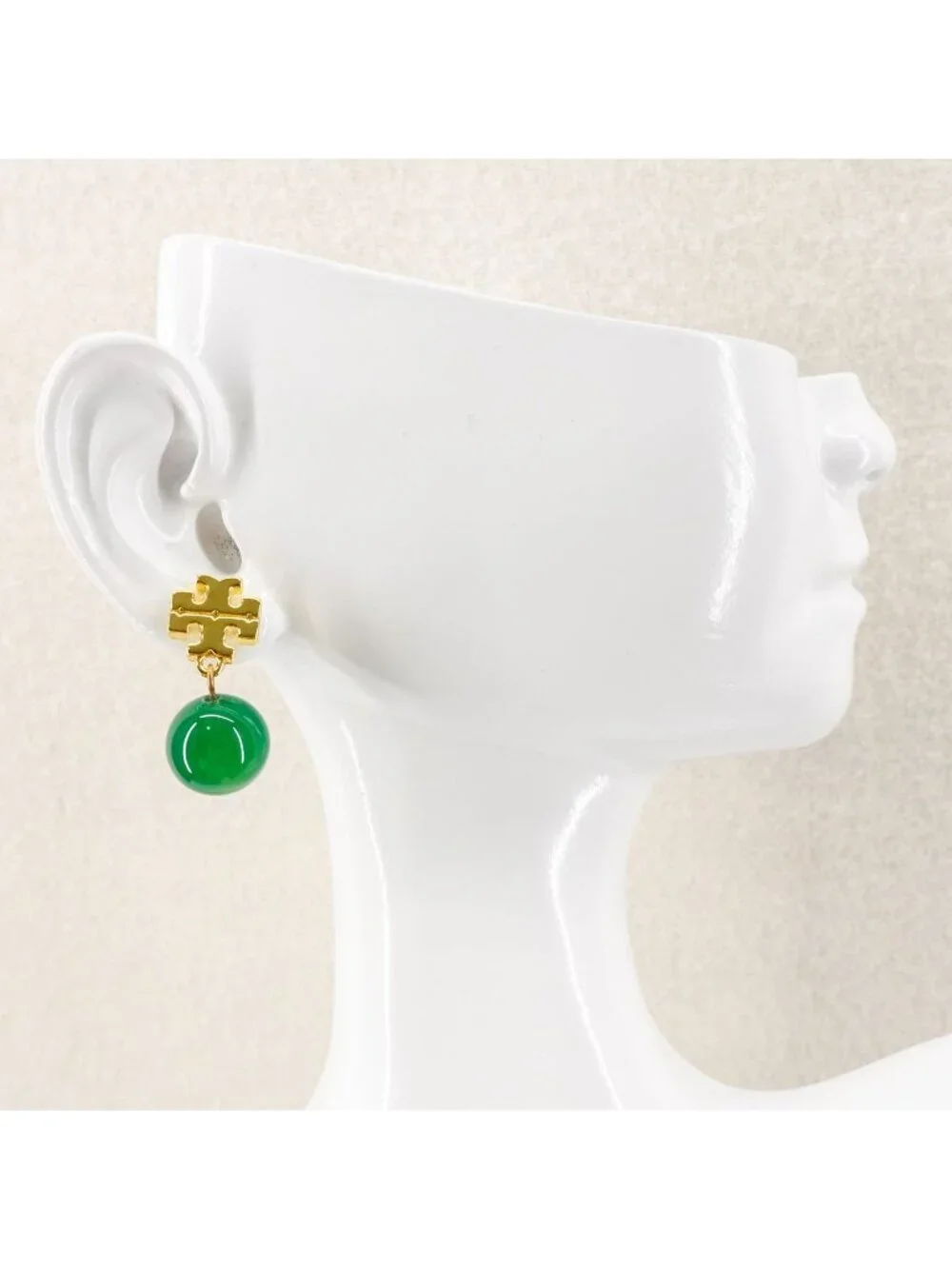 Tory Burch Faux Pearl Logo Drop Earrings Gold & Green OS